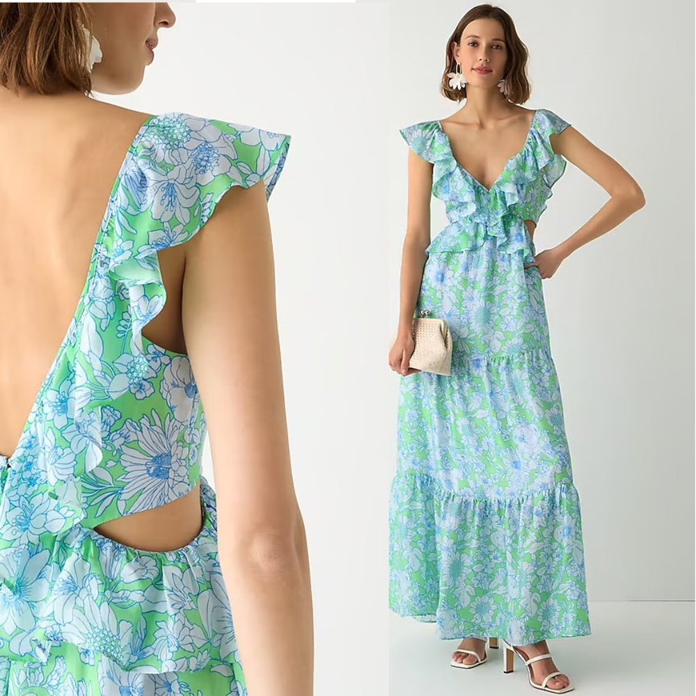 J. Crew Collection Ruffle-Trim V-Neck Cutout Maxi Dress in Lime Floral size 12